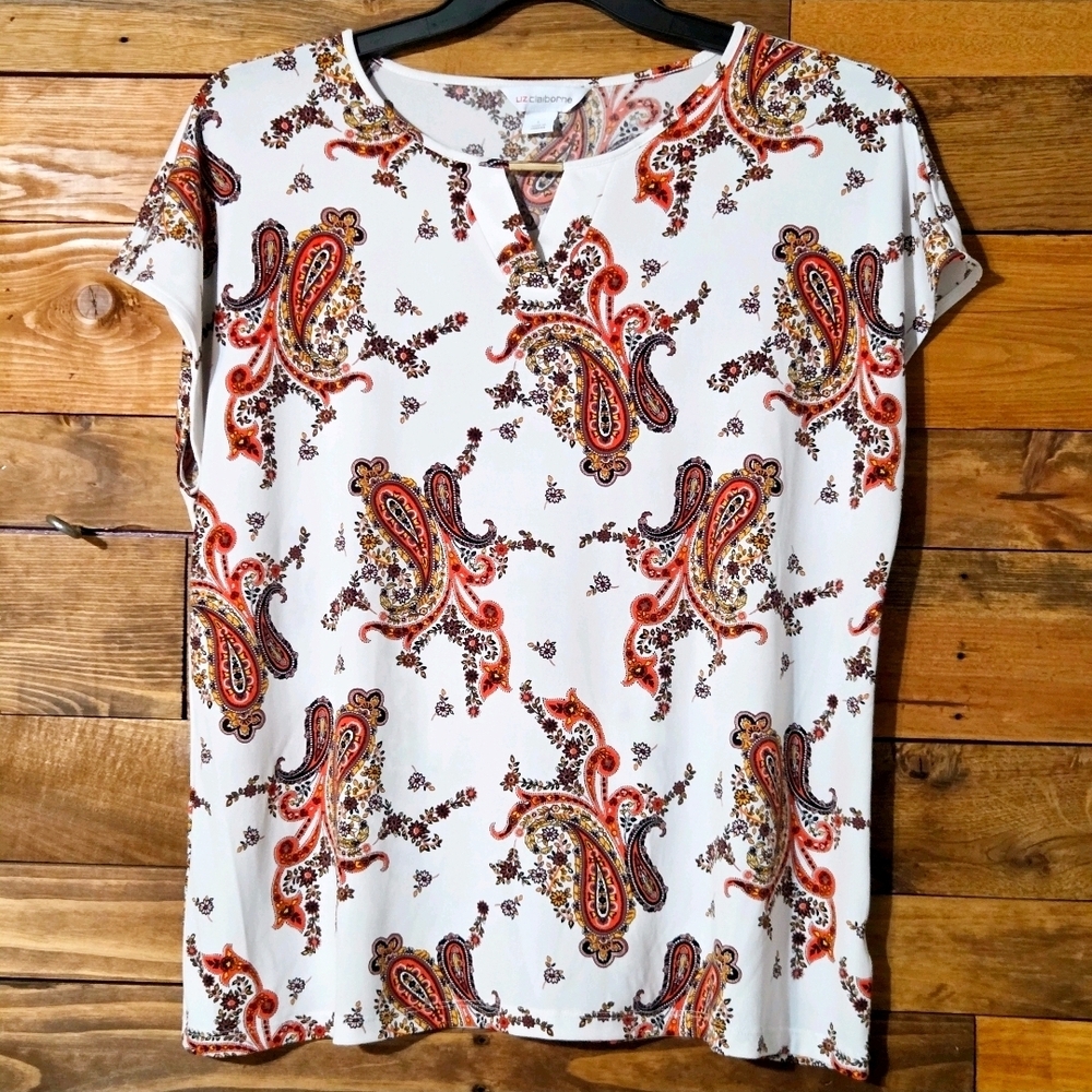 Liz Claiborne Paisley Print Blouse Women L Short Sleeve Split Neck Boho Career